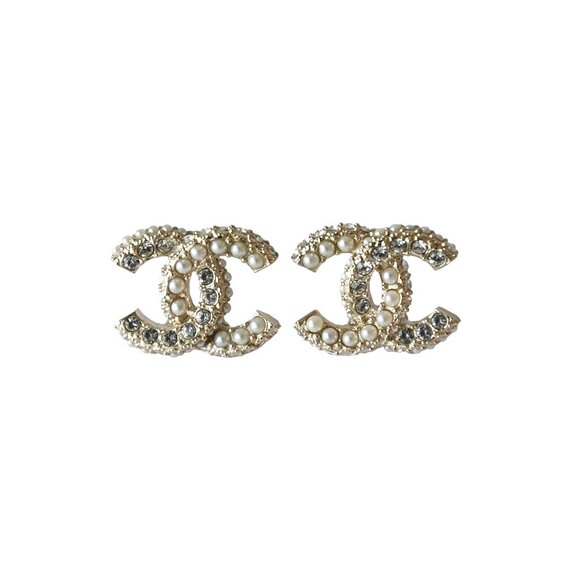 Chanel CC Pearl Crystal Strass Stud Earrings Gold - Picture 1 of 1